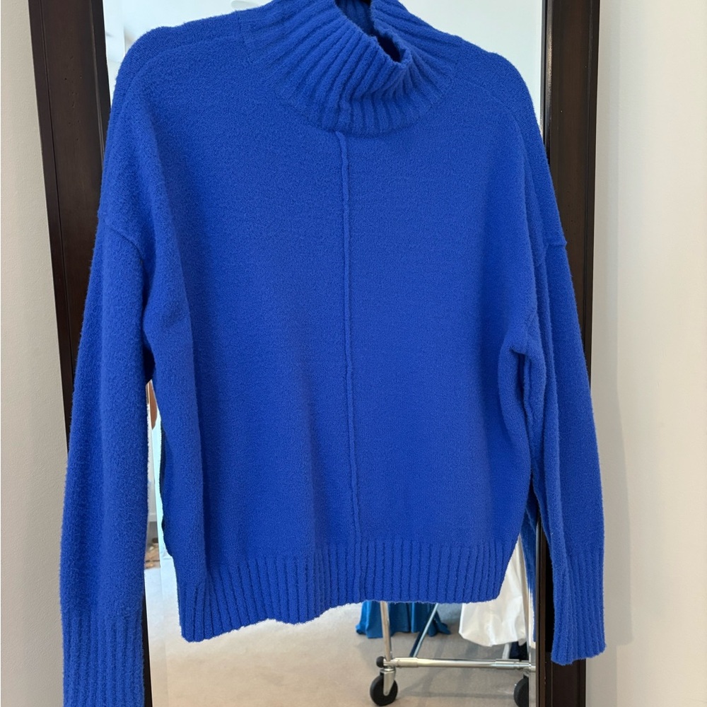Free People Blue Cowl Neck Sweater with Ribbed Detailing